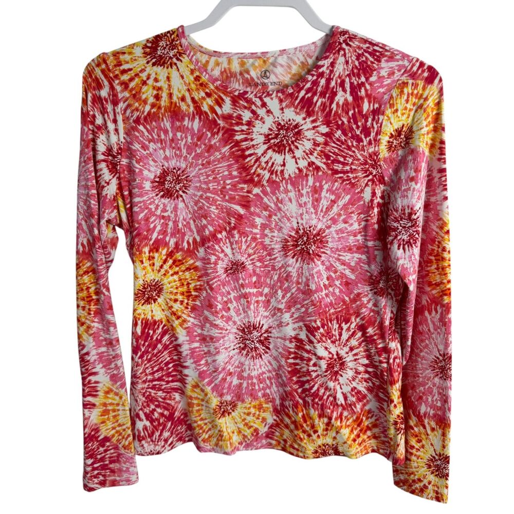 Lands End Swim Rash Guard Shirt Size Small Pink/Yellow Long Sleeve Swimwear Top